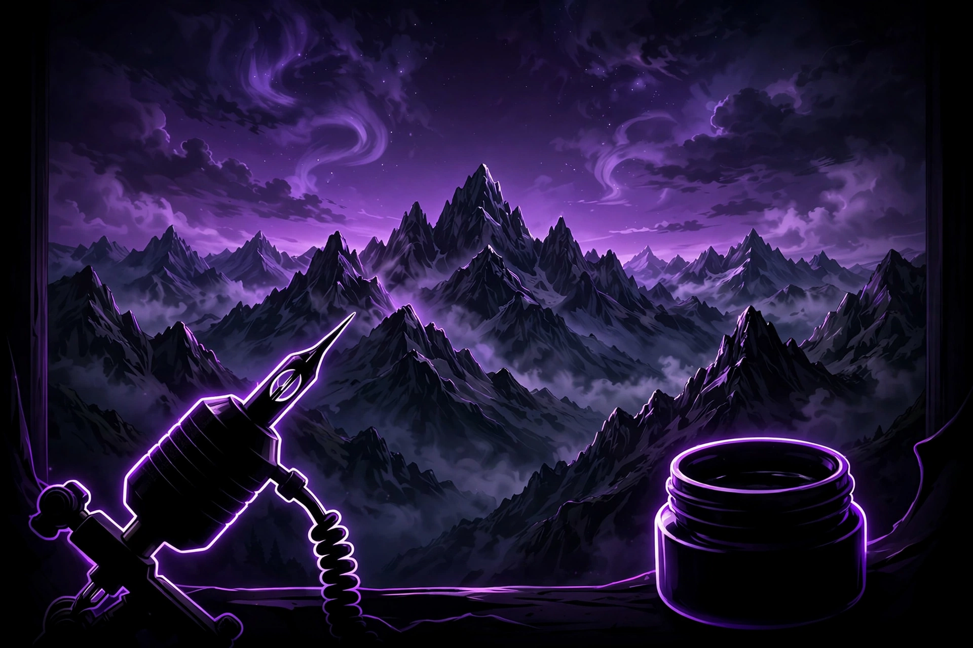 Purple mountain peaks artwork with tattoo machine and ink cap
